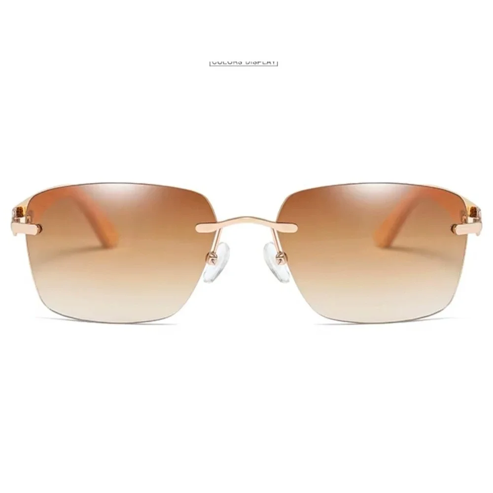 Rimless Sunglasses Wood Grain Arms Brown Gradient Lens Lightweight Fashion Gafas